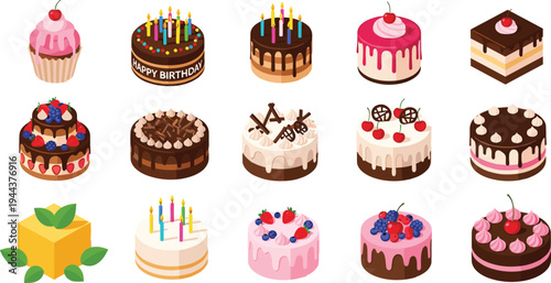 Delicious Cake and Cupcake Collection with Chocolate, Fruit and Birthday Candles Sweet Dessert Vector Illustration Set