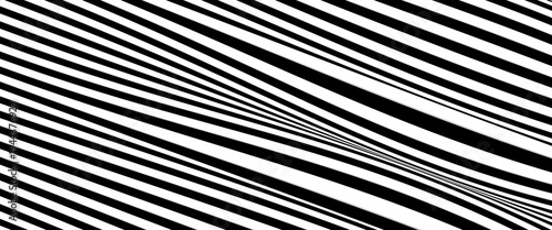 Abstract black and white diagonal stripes forming a warped perspective, optical illusion pattern, dynamic lines converging toward the center. Eps10