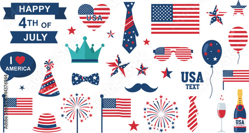 Happy 4th of July Independence Day Collection with USA Flags, Fireworks, Balloons and Patriotic Party Elements Vector Illustration Set