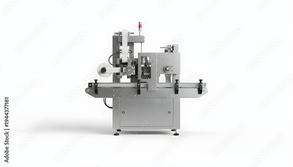 Fototapeta premium Automatic Labeling Machine for Product Packaging on White Background