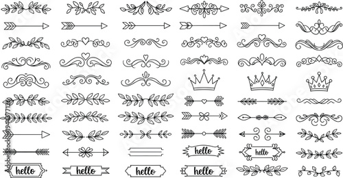 Decorative Floral Dividers and Arrow Elements Collection with Vintage Frames, Crowns and Calligraphic Ornaments Vector Illustration Set