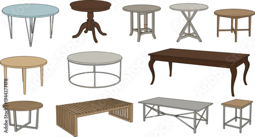 Wooden Table Collection with Round, Rectangular and Coffee Table Designs Modern and Classic Furniture Vector Illustration Set