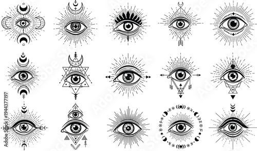 All Seeing Eye Symbol Collection with Sacred Geometry, Crescent Moon and Esoteric Mystic Line Art Vector Illustration Set