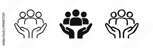 Community care and support icon set, showing hands cradling a group of people.
