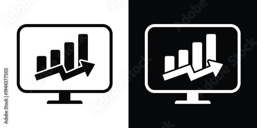 Vector icon of a computer monitor displaying a rising bar graph. Represents business analytics, financial growth, data visualization, and performance tracking in a minimalist style.