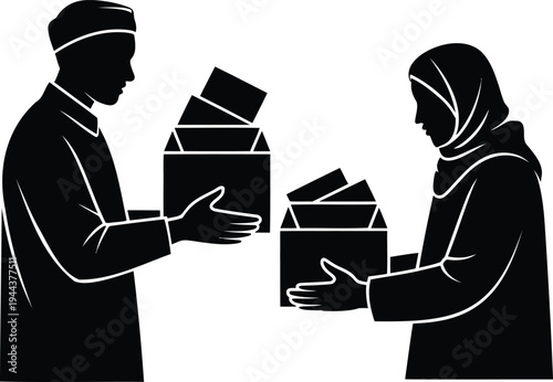 Black silhouette of a man and woman exchanging gifts
