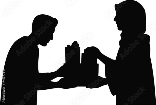 Black silhouette of a man and woman handing over items