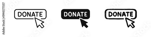 Donate button with clicking cursor icon set, encouraging charity and financial contribution.