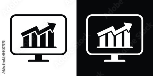 Vector icon of a computer monitor displaying a rising bar graph. Represents business analytics, financial growth, data visualization, and performance tracking in a minimalist style.
