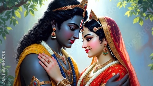 Krishna and radha gently embracing in verdant forest glade