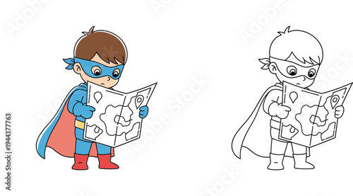 Cartoon Superhero Boy Reading Map - Adventure and Navigation Exploration
