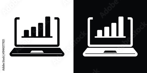 Flat vector icon of a laptop computer screen showing a bar chart. Ideal for mobile business reporting, remote data analysis, and portable financial tracking concepts.