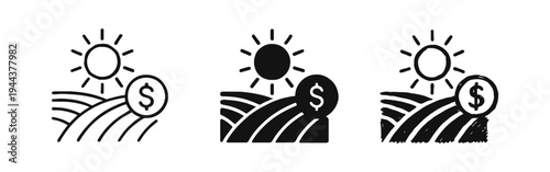 Agricultural economy and farming income icon set, showing a dollar sign in a field under the sun.