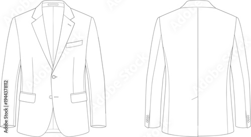 Men blazer jacket front and back view fashion apparel clothing template technical drawing vector illustration isolated design