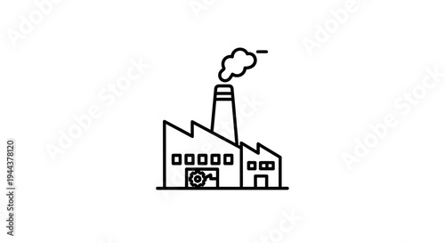Industrial Factory Building Icon with Smoke from Chimney, Manufacturing Plant Line Art