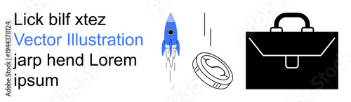 Business growth, innovation, financial success, entrepreneurship, investment, goal achievement. Features a rocket, coin and briefcase. Business growth and financial success concept