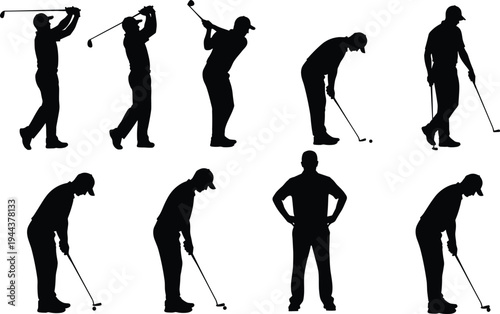 Golf player silhouette set, golfer swinging club and putting ball, professional golf sport activity game concept illustration