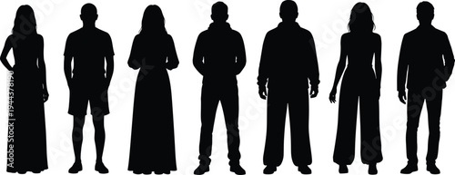 People standing silhouettes collection showing men and women in different casual poses isolated on white background lifestyle character set