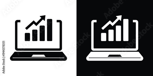 Flat vector icon of a laptop computer screen showing a bar chart. Ideal for mobile business reporting, remote data analysis, and portable financial tracking concepts.