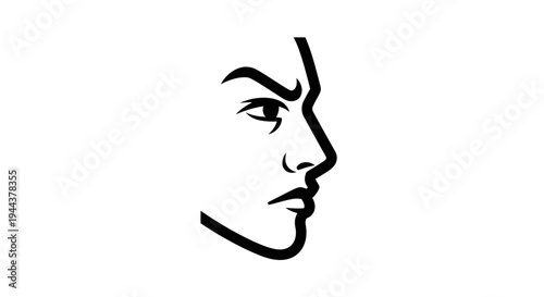 Man's Face Profile, Angry Expression, Intense Gaze, Black and White Line Art