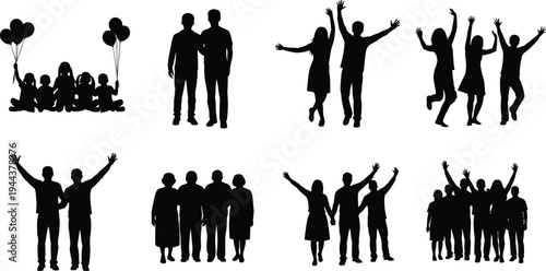 Group of people silhouettes celebrating, families, couples and friends with raised hands and balloons isolated on white background