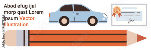 Education, achievement, certification, learning tools, success, creativity. A car, certificate with a ribbon and pencil. Education and achievement concepts conveyed through distinct elements