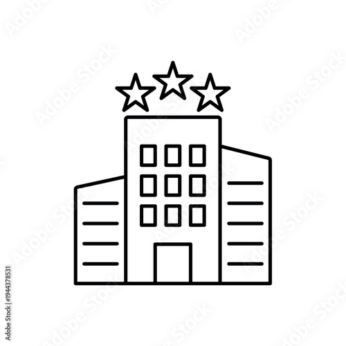 icon a corporate reputation with hotel building and three stars, isolated against a clean background.