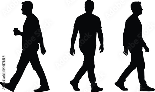 Walking man silhouettes set, male pedestrian figures in different walking poses, everyday lifestyle people vector illustration collection