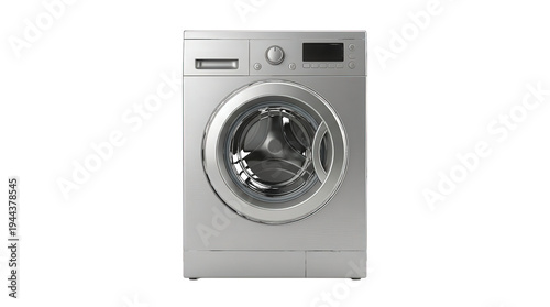 Silver automatic washing machine with front-loading door and digital display isolated on a transparent background