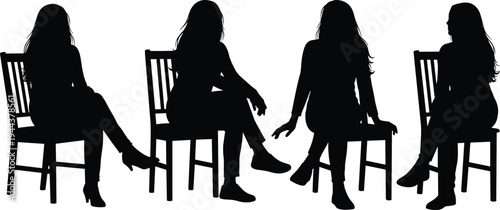 Woman sitting on chair silhouette collection, female seated poses set, elegant fashion model posture illustration isolated design pack
