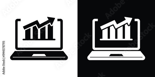 Flat vector icon of a laptop computer screen showing a bar chart. Ideal for mobile business reporting, remote data analysis, and portable financial tracking concepts.