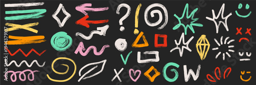 Hand drawn graphic doodle elements and abstract line symbols set. Rough charcoal sketched marks and geometric shapes for minimalist design, planners, and bullet journal projects.