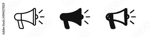 Megaphone icon set. Announcement, marketing, and communication symbols in various styles.