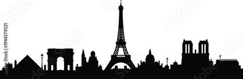 Silhouette of Paris city skyline featuring Eiffel Tower, Arc de Triomphe, Louvre Pyramid, Notre-Dame, and Sacré-Cœur iconic landmarks