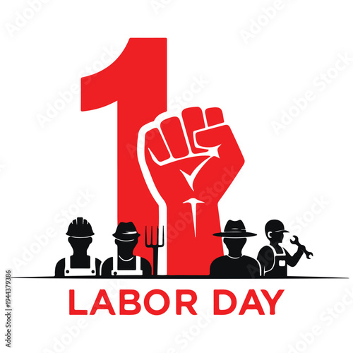 Labor Day Workers Solidarity Fist with May 1 Number and Worker Silhouettes Vector Illustration