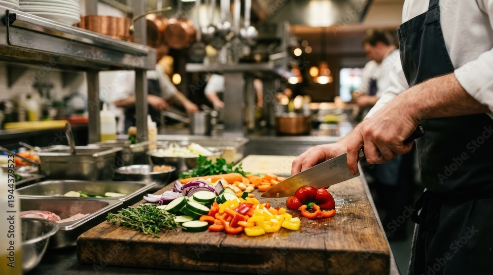 Obraz premium Chef is preparing vegetables in kitchen