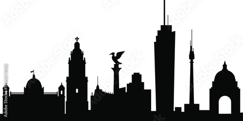 Silhouette of Mexico City skyline featuring Metropolitan Cathedral, Torre Latinoamericana, Angel of Independence, and Monument to the Revolution