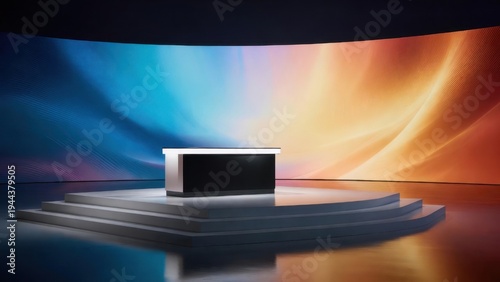 Central desk on stepped platform with colorful backdrop display