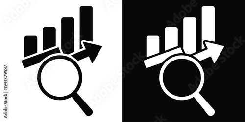 Minimalist icon featuring a magnifying glass focusing on a bar graph. Symbolizes data research, market analysis, financial audit, and detailed business inspection.
