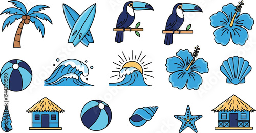 Vibrant tropical and beach-themed icon collection showcasing nature and leisure elements Vector