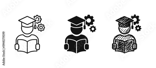 Student learning and skill development icons. Education, knowledge, and technical training symbols.