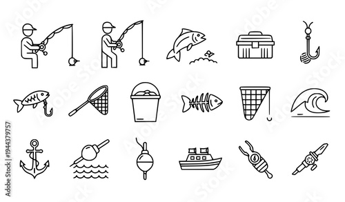 A set of minimalist line art fishing icons and illustrations including people fishing, fish, nets, and boats.
