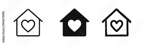 House with heart icons. Home, love, family, real estate, and comfort symbols.