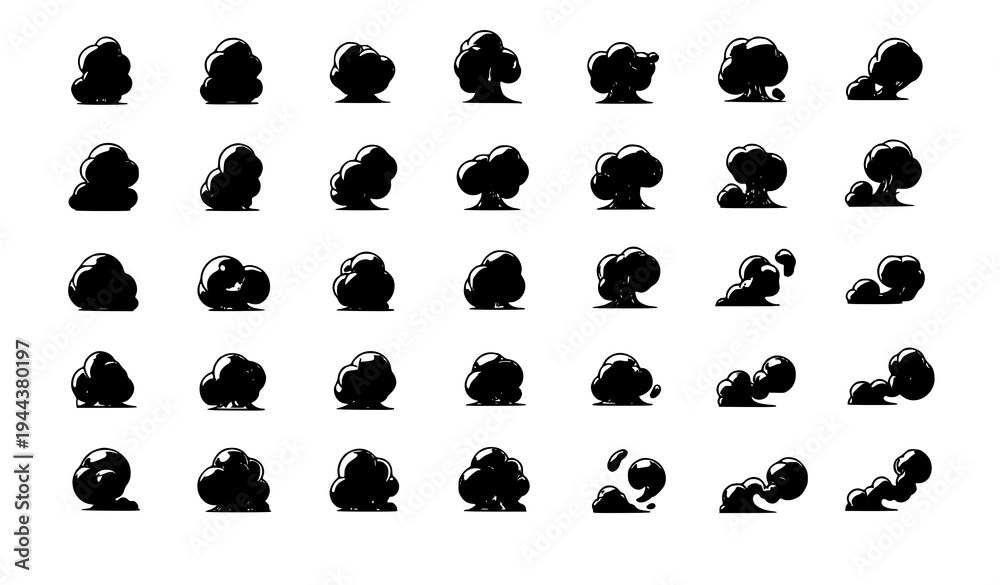 Fototapeta premium A set of black cloud icons in various shapes and sizes on a white background