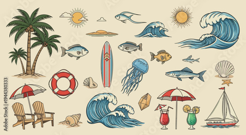Vibrant illustration of beach and ocean life activities and elements Vector