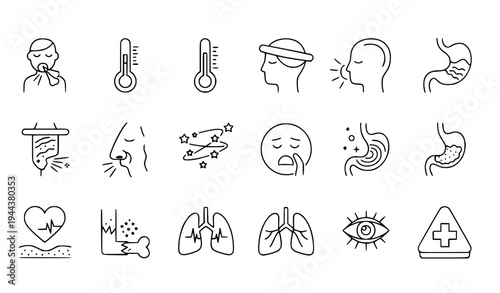A set of line art medical icons illustrating various health symptoms and body parts