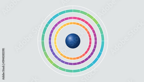 Vibrant circular diagram with colorful concentric rings and blue center sphere