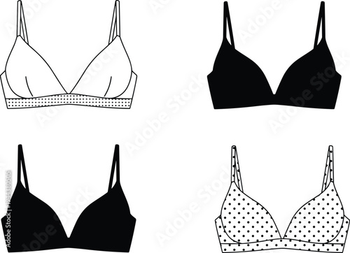 Minimalist vector bra icon set featuring black and white lingerie sketches, wireless bralette flat illustrations, and polka dot underwear designs for fashion retail web icons