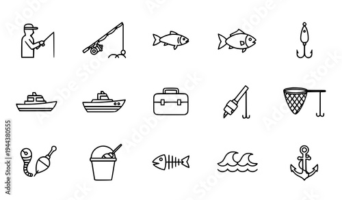 A set of minimalist line art fishing icons and illustrations including a fisherman, boats, tackle, and seafood