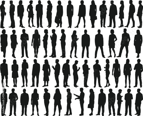 Silhouettes of diverse groups of men and women in business and casual attire, standing in rows with varied postures and gestures